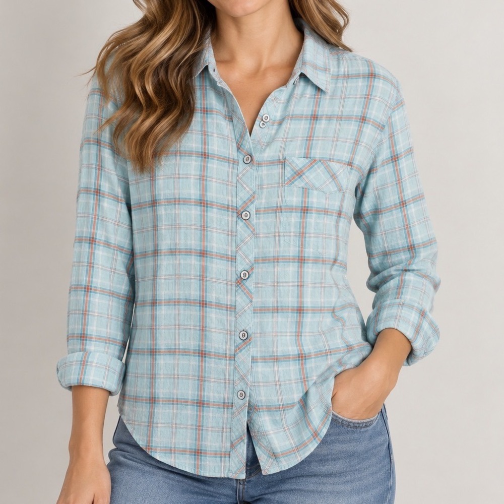 Eddie Bauer Women's Medium Cotton Plaid Shirt Blue Lightweight Button Up